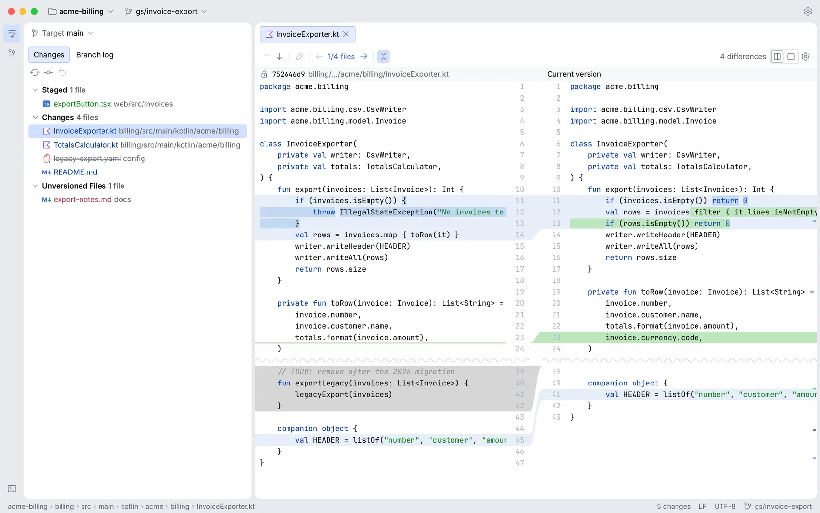 The Changes list with staged, changed and unversioned files