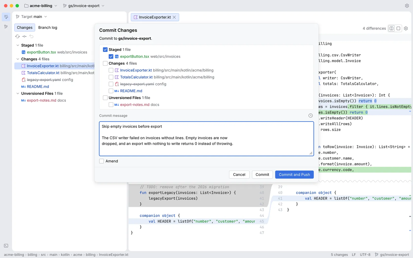 The commit dialog with files picked and a message