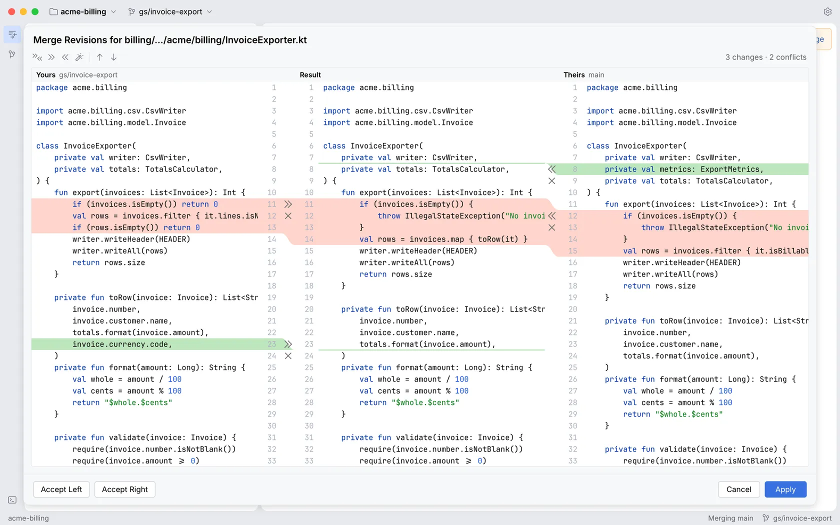 The 3-pane merge window with yours, the result and theirs