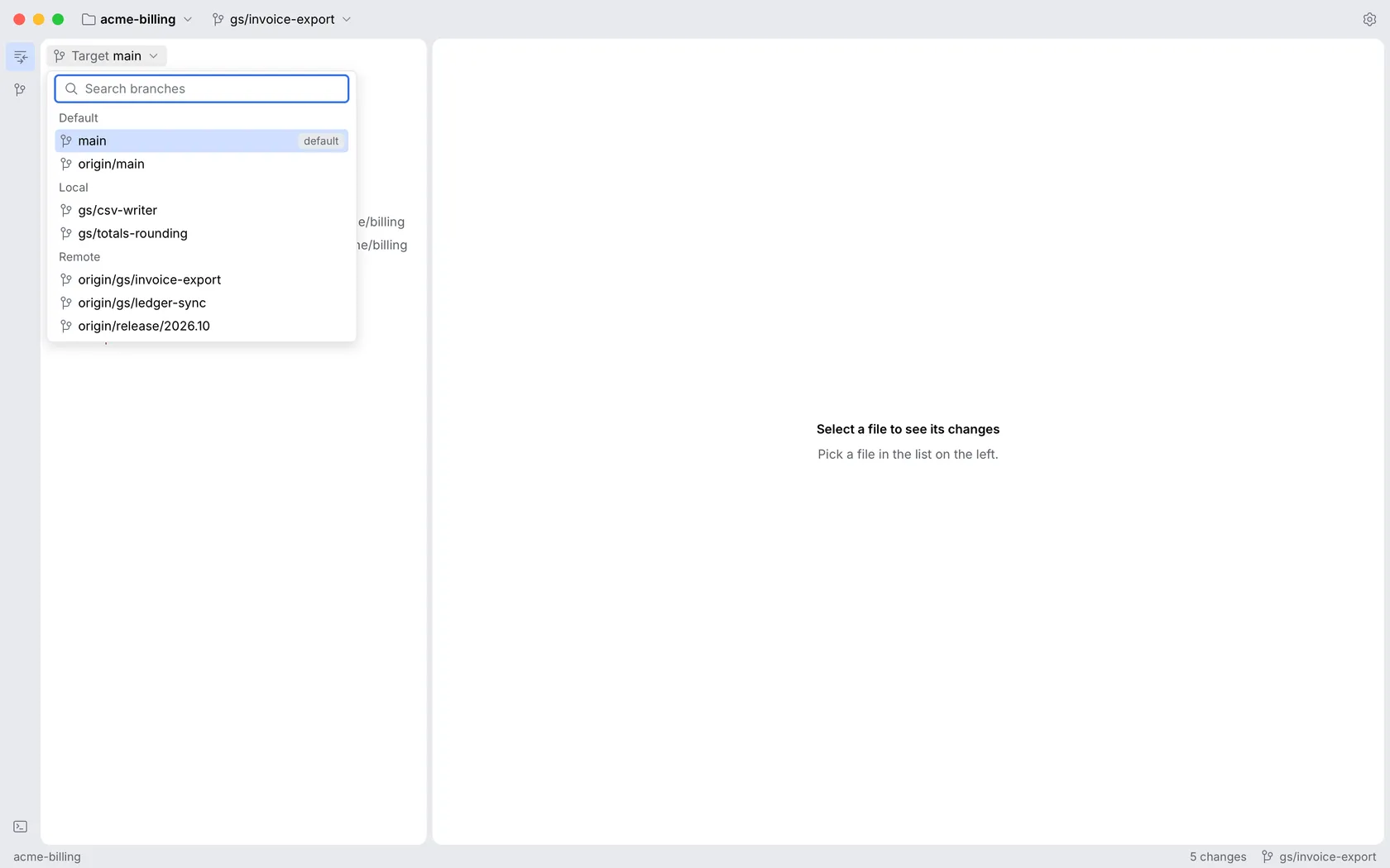 The Target picker with local and remote branches