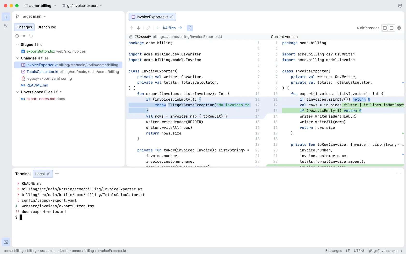 The terminal docked under the diff, running git status